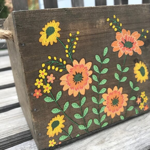 Vintage Hand Painted Wooden Planter Box Bright Flowers Rope Handles Lined 5" - Picture 5 of 8